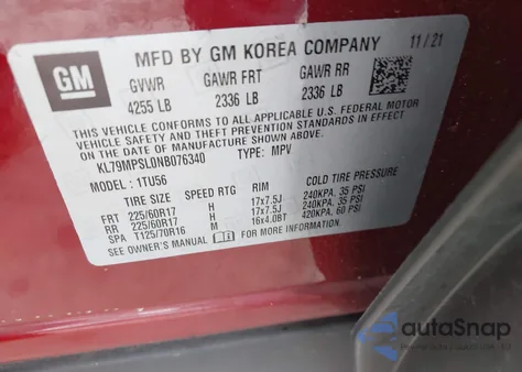 2022 Chevrolet Trailblazer Fwd Lt z USA, uszkodzony, nr VIN KL79MPSL0NB076340